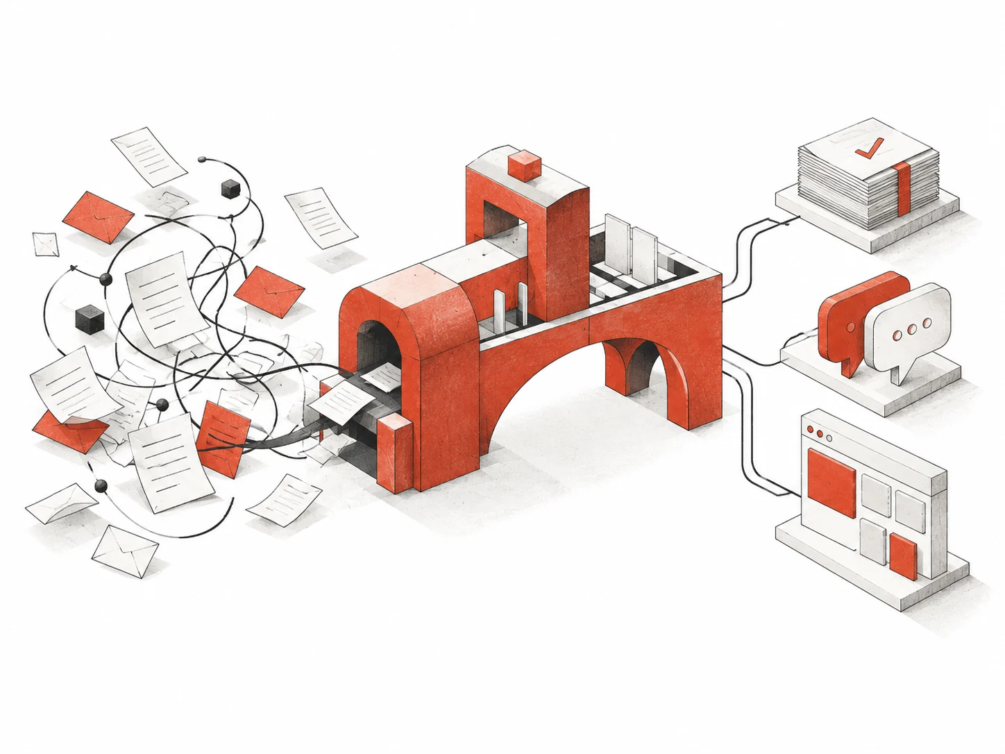 Editorial illustration of scattered documents and tangled connections flowing through a red modular system into organized work, conversations, and custom software.
